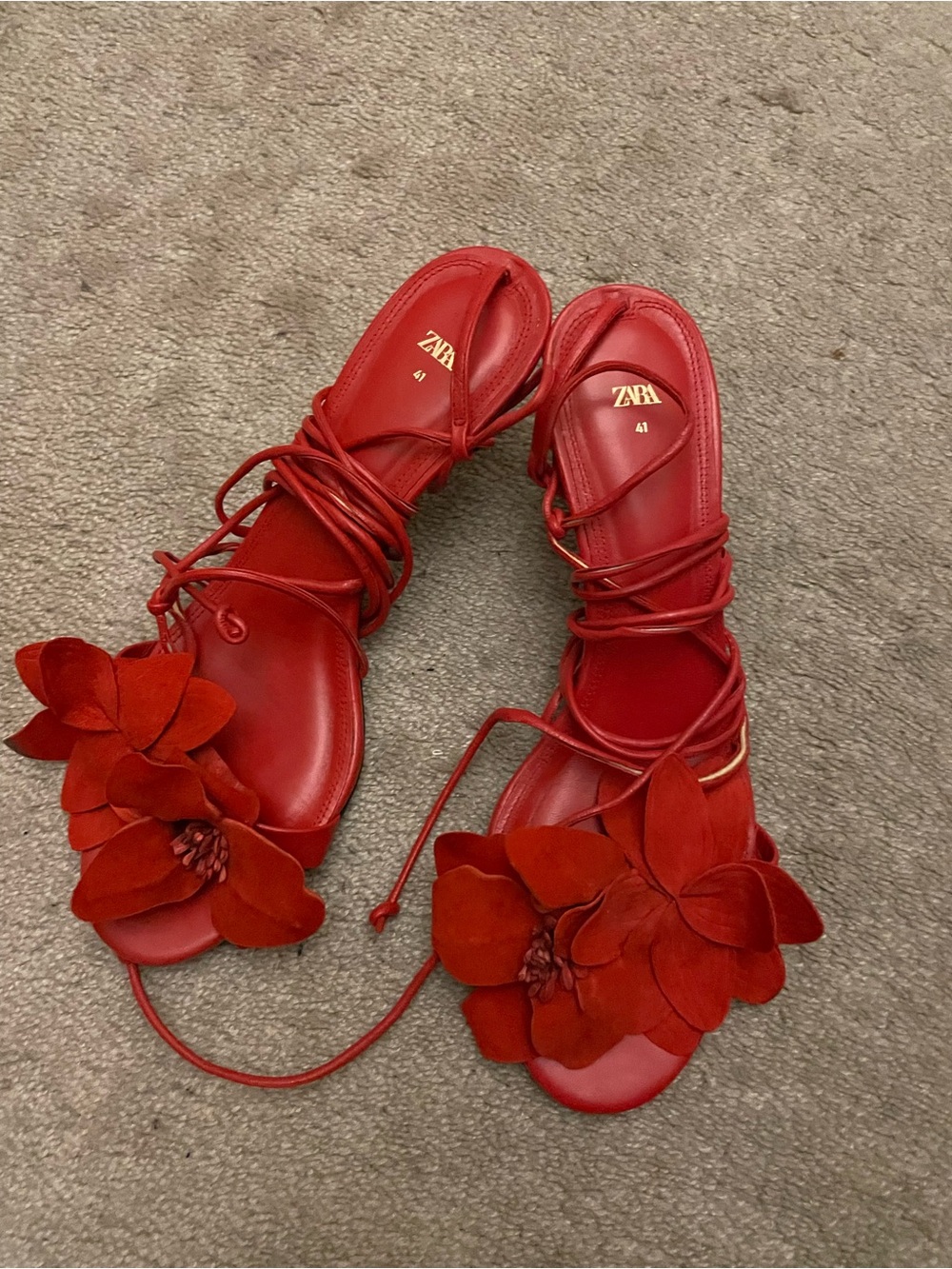 ZARA Red Floral tie up Sandals